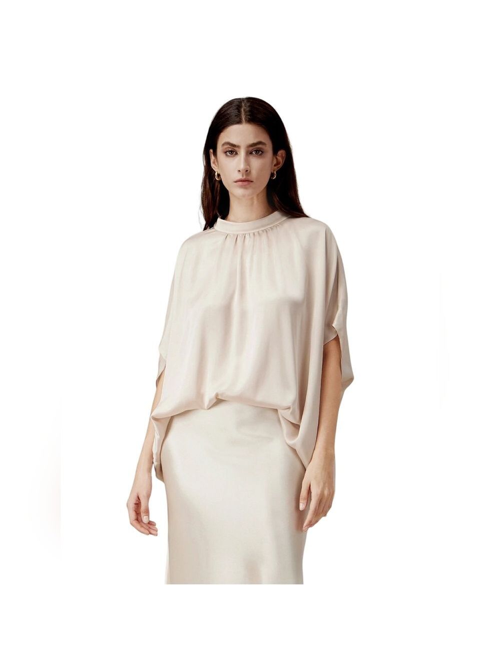 Amoretu Round Neck Solid Satin Dolman Short Sleeve Pleated Blouse Top